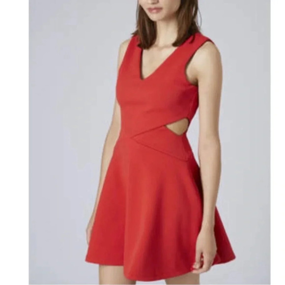 Topshop UK | Red Skater Cutout Dress - fit and flare- side peekaboos US6 | UK10 - Picture 1 of 4